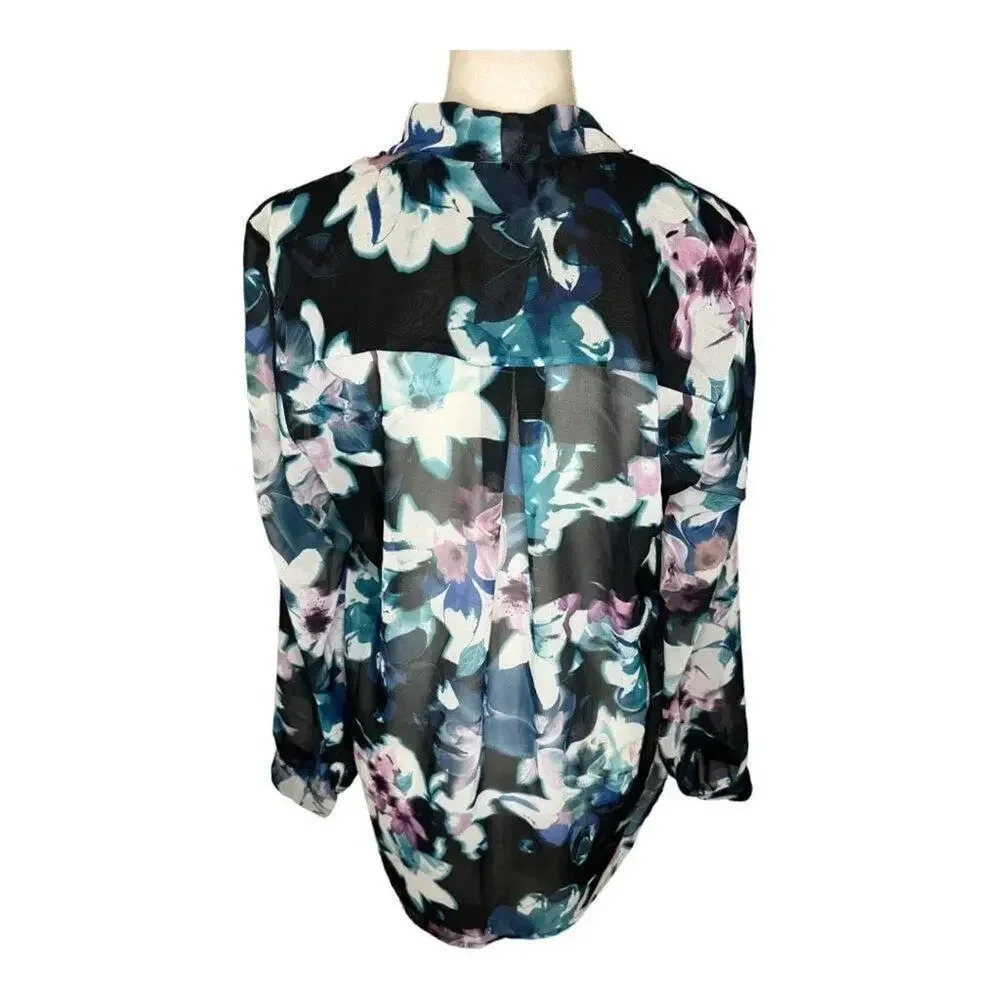 Jennifer Lopez Size Large Black Floral Faux‎ Wrap High Low Chiffon Top - Picture 2 of 6